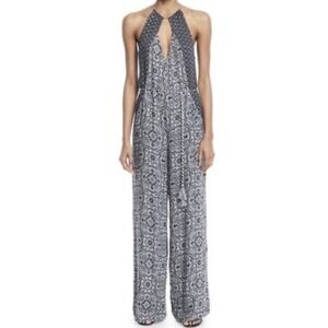 TJD Jumpsuit Womens L Black Boho Halter Wide‎ Leg Floral Print Rayon Festival